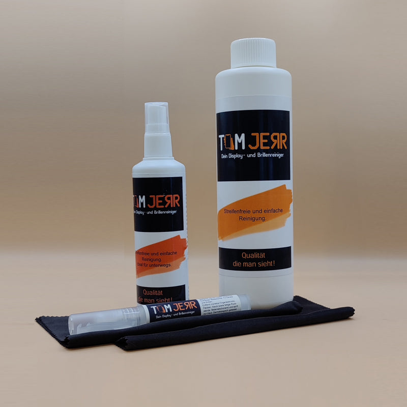 TOM JERR Reiniger 10 ml im praktischen Stiftdesign, 125 ml, 500 ml und 1 Reinigungstuch - tomjerr